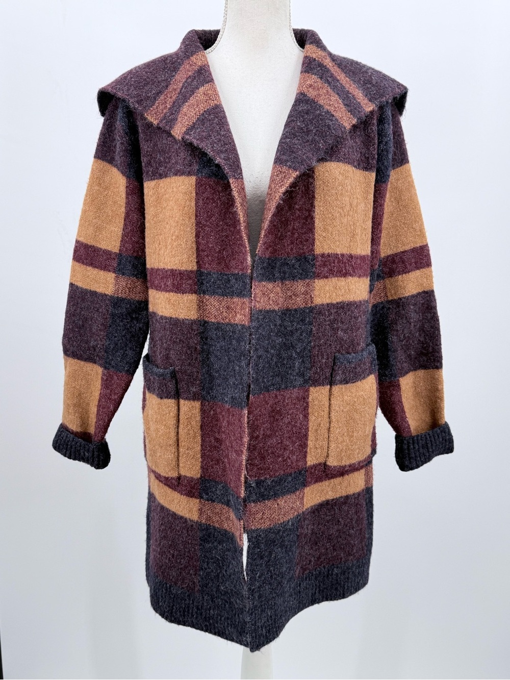 Joseph Ribkoff Coatigan Jacket Women S/P Plaid Burgundy Camel Shawl Collar